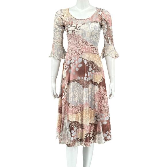 Komarov Dress Womens Small Tan Brown Shiny Lightweight Crinkle‎ Fairy Whimsical